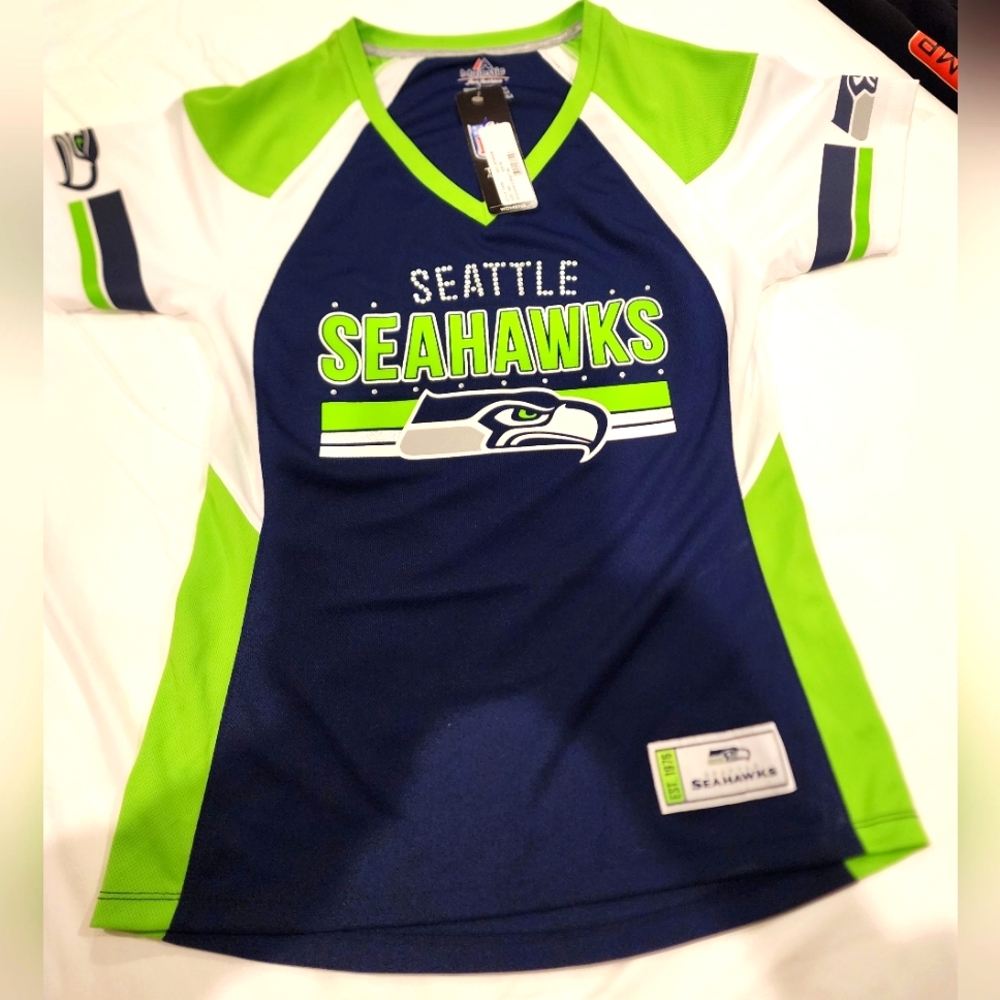 🌟NWT🌟NIKE Majestic Fun Fashion Seahawks Draft Me Women's Bedazzled Jersey Sz S